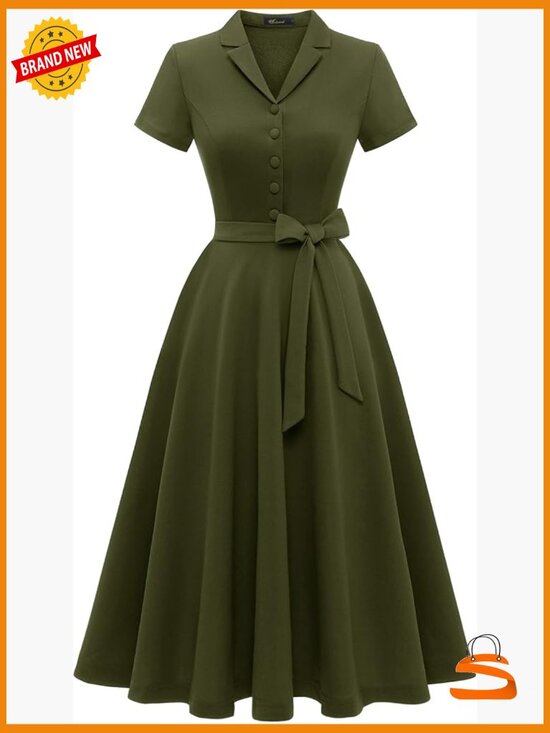 Dresses & Skirts - Vintage Tea Dress, Short Sleeve A-Line Cocktail Party Dress, V-Neck Swing Dress